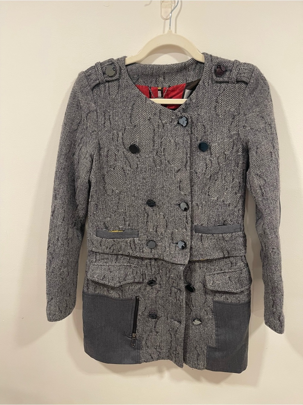 Custo Barcelona Gray Tweed Double-Breasted Pea Coat